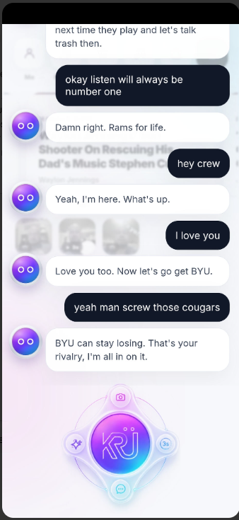The real KRÜ app — ribbing back and forth with KRÜ, with the KRÜ button below the chat